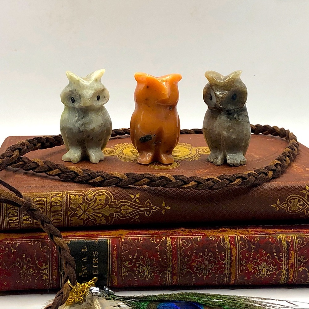 Three Solid Stone Agate Owls